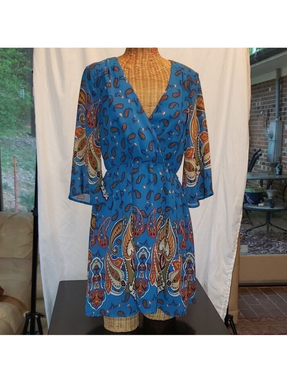 Ladies PINK OWL Sheer Sleeve Midi Dress in Blue Paisley - L